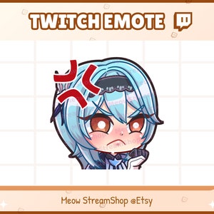 May include: A blue-haired anime character with red eyes and a black headband is shown with an angry expression. The character is looking to the right and has a red exclamation mark above their head. The background is a white grid.