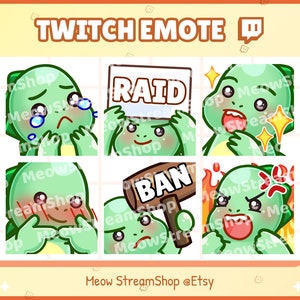 May include: Set of six Twitch emotes featuring a green cartoon turtle with different expressions. The emotes include a turtle crying, holding a sign that says "RAID", looking surprised, blushing, holding a sign that says "BAN", and looking angry.