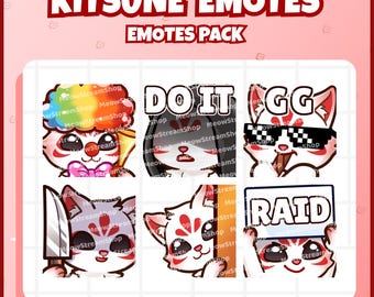 Twitch Emote / Cute Kitsune Emotes Pack #3 (Clown, DO IT, GG, Knife, Lurk, Raid) / kawaii Kitsune chibi, Yokai, Gumiho, Kumiho Sub Emoji