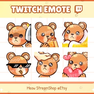 Twitch Emote / Cute Bear Emotes Pack #1 (Knife, Sip, Comfy, Cool GG EZ, Pat, Heart) / kawaii bear chibi, teddy bear Sub Emoji