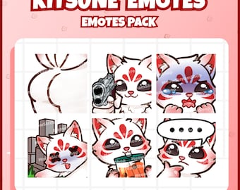 Twitch Emote / Cute Kitsune Emotes Pack #2 (Booty, GUN, scared, RIP, SIP, think) / kawaii Kitsune chibi, Yokai, Gumiho, Kumiho Sub Emoji