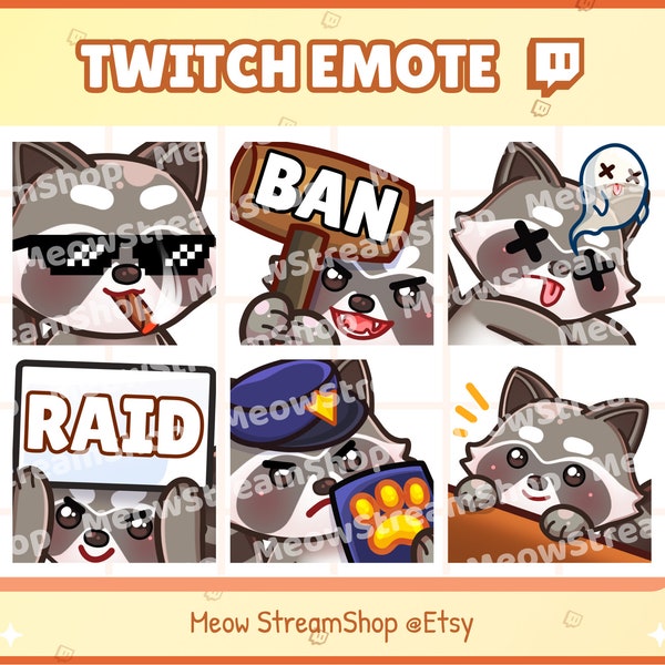 Twitch Emote / Cute Raccoon emotes pack #4 (GG, BAN, RIP, raid, cop, lurk) emotes / kawaii Raccoon Red Panda Chibi Sub Emoji