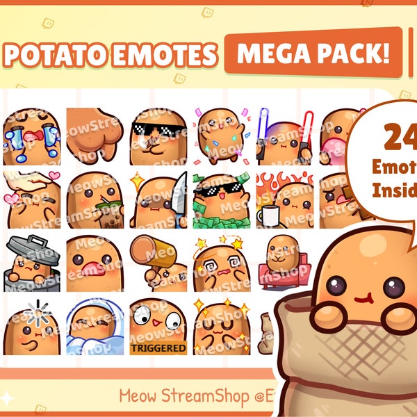 Twitch Emote / Cute Potato Mega Pack #1 Emotes (24 Emotes Ready to use!) / Kawaii Potat Potatoes Spud Yam Sub Emoji