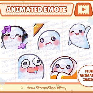 Emote animata di Twitch / Pacchetto di emote animate Fantasma carino n. 1 (Jam music , Bonk, derp, comfortable, Hi hello) / Kawaii spettrale emoji fantasma / Discordia