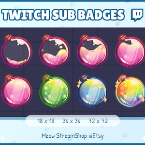 Puede incluir: Ocho insignias de suscripción de Twitch de botellas de vidrio de colores en diferentes tamaños: 18 x 18, 36 x 36 y 72 x 72. Las botellas están llenas de líquidos de diferentes colores y tienen un efecto brillante.