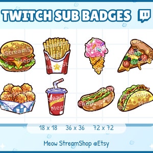 8x Twitch Sub, bit Badges - Cute fast food, burger, fries, ice cream, pizza, chicken, nugget, cola, taco, hot dog - Sub badges for streamer