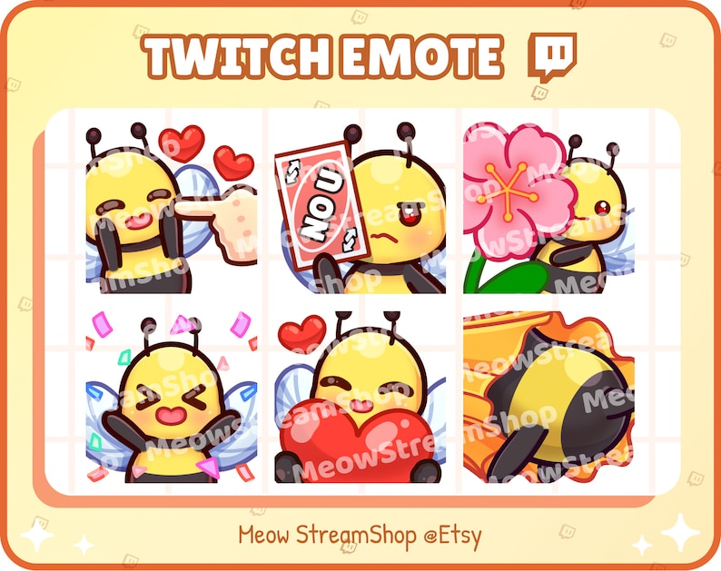 Twitch Emote / Cute Bee Emotes Pack #1 (poke, No U, Lurk, Hype, Heart ...