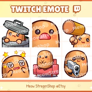 Könnte beinhalten: Ein Satz von neun Twitch-Emojis mit einer Cartoon-Kartoffelfigur in verschiedenen Posen. Die Kartoffel ist braun mit einem roten Rouge und hat eine Vielzahl von Gesichtsausdrücken. Die Emojis zeigen die Kartoffel in einem Mülleimer, mit einem Hammer, auf einem Sofa sitzend, mit einer Pistole und mit einem schwindeligen Ausdruck.