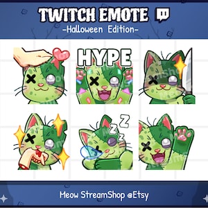 Twitch Emote  / Cute Zombie Cat Emotes Pack (Pat, Hype, Knife, Eat hand, Sleep, Hi waving) / Kawaii Zombie Kitten Halloween emoji / discord