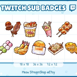 9x Twitch Sub, bit Badges - Japanese street food, squid, takoyaki, crepes, mitarashi dango, mochi, taiyaki, croquette - Sub badges streamer