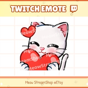 Twitch Emote / Cute White Cat Heart, Love, hug, happy Emotes / Kawaii Kitten Catto Feline Sub Emoji