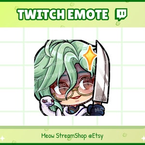 May include: A green-haired character with a snake and a knife, wearing glasses and a white shirt with a black collar. The character has a red blush on their cheeks and a mischievous expression. The background is a green and white grid.
