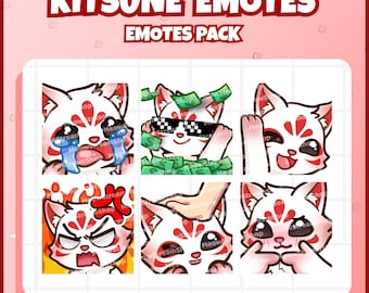 Twitch Emote / Cute Kitsune Emotes Pack #4 (Cry, Money, Hi, Rage, Pat, Shy) / kawaii Kitsune chibi, Yokai, Gumiho, Kumiho Sub Emoji
