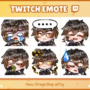 May include: Set of six Twitch emotes featuring a cartoon character with brown hair and different expressions. The emotes include crying, thinking, smirking, eating, surprised, and tired. The emotes are designed in a cute and stylized anime style.