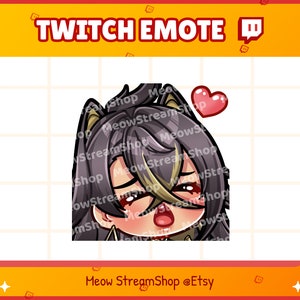 May include: A Twitch emote featuring a cartoon character with brown hair, a gold and black headband, and a red heart above her head. The character has a blushing expression with closed eyes and a slightly open mouth.