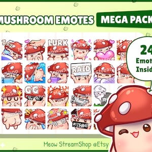 Twitch Emote / Cute Mushroom Mega Pack #1 Emotes (24 Emotes Ready to use!) / Kawaii Fungi Fungus Mildew Boletus Sub Emoji Discord Youtube