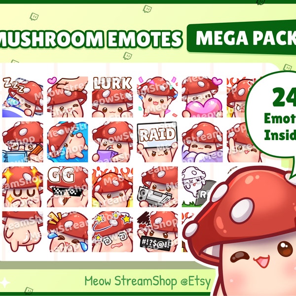 Twitch Emote / Cute Mushroom Mega Pack #1 Emotes (24 Emotes Ready to use!) / Kawaii Fungi Fungus Mildew Boletus Sub Emoji Discord Youtube