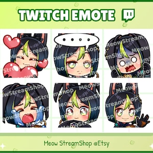 May include: A set of nine Twitch emotes featuring a cartoon character with black hair, green highlights, and cat ears. The character is shown in various expressions, including happy, sad, surprised, and angry. The emotes are designed for use on the Twitch streaming platform.