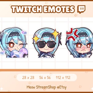 May include: Three digital illustrations of a blue-haired anime character with different expressions. The character is wearing a black headband and a white dress. The first image shows the character holding a pink heart. The second image shows the character wearing sunglasses. The third image shows the character with an angry expression. The text "TWITCH EMOTES" and "Meow StreamShop @Etsy" are also visible.