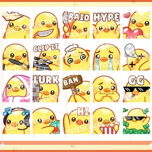 May include: A set of 16 yellow chick emoji stickers with different expressions and text. The text includes "Raid Hype", "Clip It", "Lurk", "Ban", "GG", "Hi", and more.