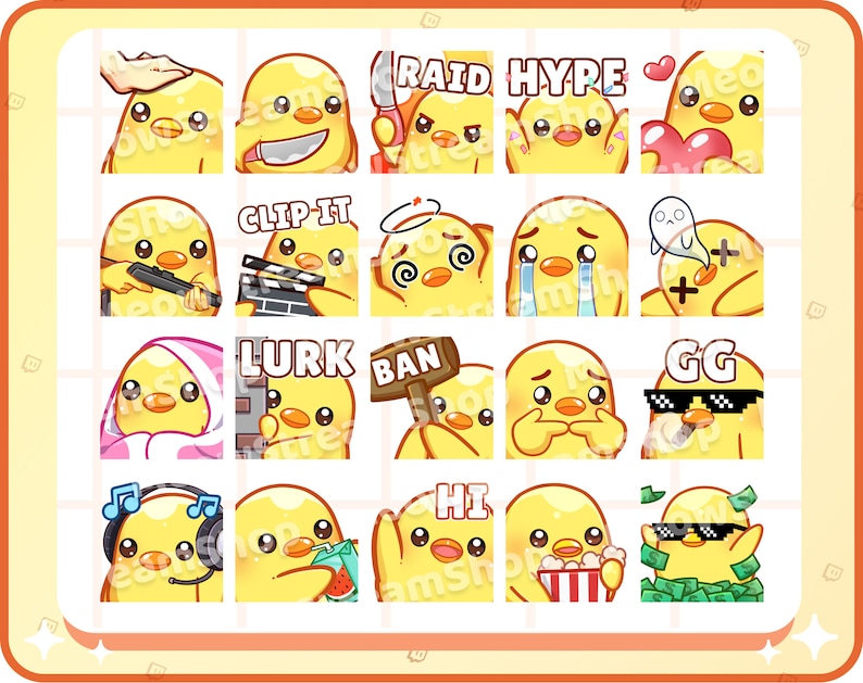 May include: A set of 16 yellow chick emoji stickers with different expressions and text. The text includes "Raid Hype", "Clip It", "Lurk", "Ban", "GG", "Hi", and more.