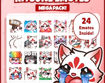 Twitch Emote / Cute Kitsune Mega Pack #3 (24 Emotes Ready to use!) / Kawaii Fox Yokai Kumiho Gumiho Emoji for Discord, YouTube, Kick, TikTok