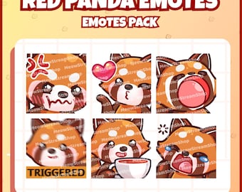 Twitch Emote  / Cute Red Panda Emotes Pack #12 (angry, kiss, pop, triggered, tea, yawn) / Cute chibi Red panda, raccoon Sub Emoji