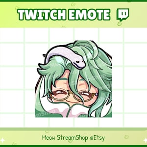 May include: Green-haired cartoon character with a white snake on their head, wearing glasses and a white scarf. The character is smiling and has a pink blush on their cheeks. The background is a green and white checkered pattern.