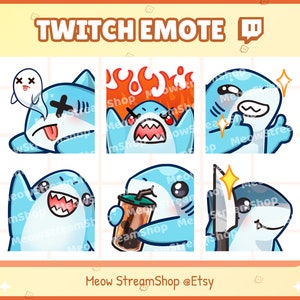 Twitch Emote / Cute Shark Emotes Pack #2 (RIP, Rage, Thumbs up GG, Hi waving, Sip Boba, Knife) / tubarões kawaii chibi, baby, filhotes Sub Emoji