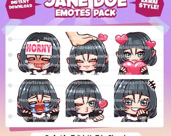 Pode incluir: Um conjunto de seis emoticons animados do Twitch que apresentam um personagem de desenho animado com cabelo preto e corações rosa. Os emoticons mostram diferentes expressões, incluindo corar, chorar e segurar um coração. O texto "HORNY" é visível em um dos emoticons.