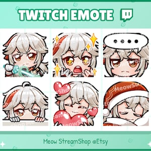 May include: A set of six Twitch emotes featuring a cartoon character with white hair and red accents. The emotes show different expressions, including surprised, happy, sad, and sleeping. The emotes are designed in a cute and playful style.