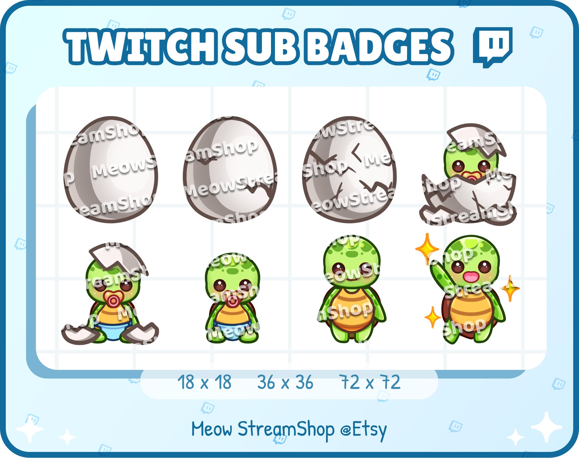8x Twitch Sub, bit Badges - Kawaii Cute Tortoise, Turtle, Reptile, Sea Turtle, Baby Tortoise - Sub badges for Discord Youtube streamer