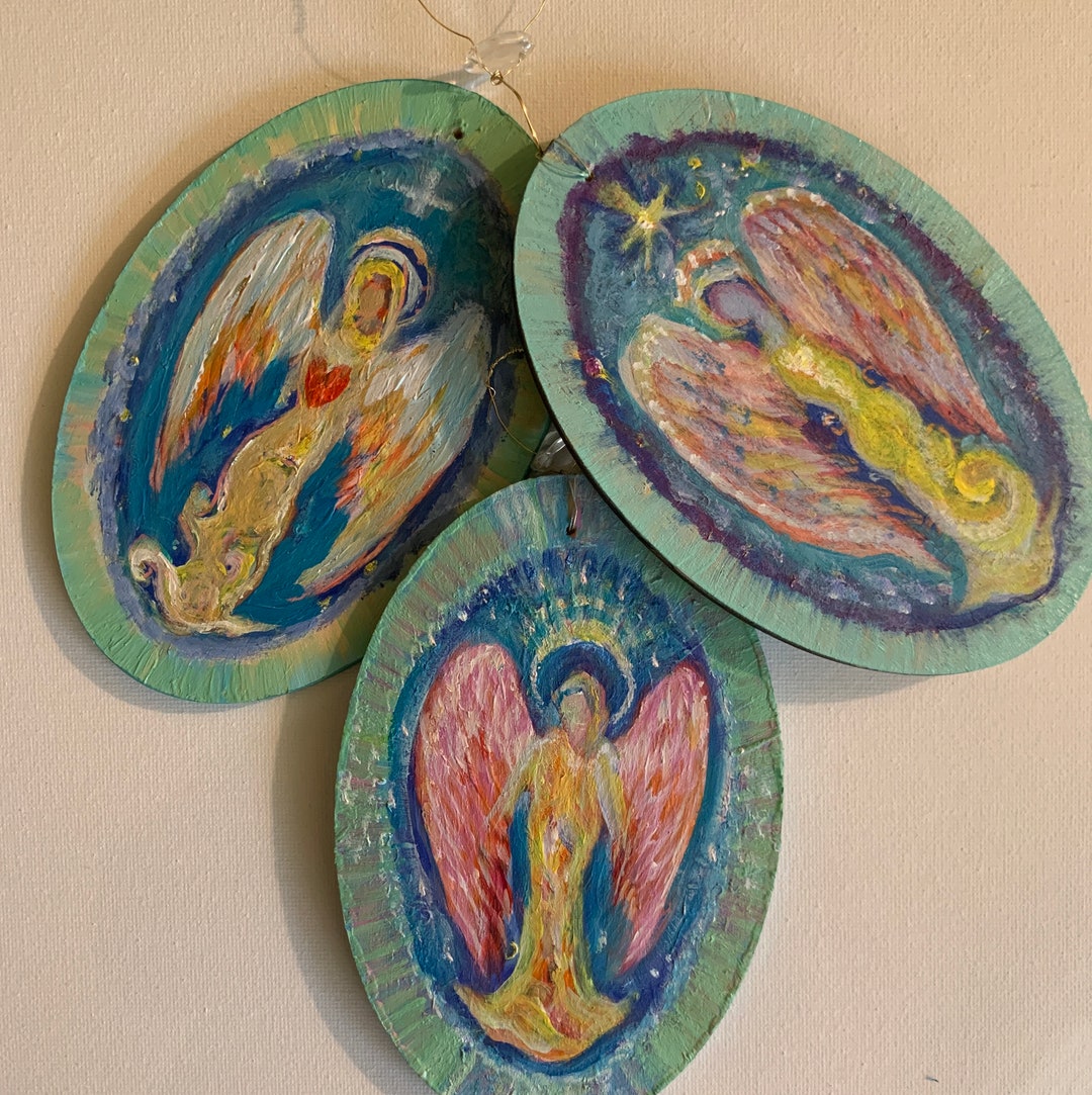 THREE ANGEL Medallions/celestial/ Spiritual/ Hand Painted Wood Etsy