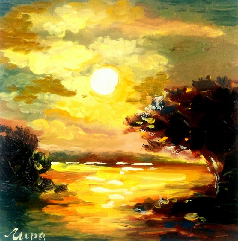 Moon Sea Painting Impasto Original Art 3 by 3 Inches Oil  Landscape Small Art  LyraArt7