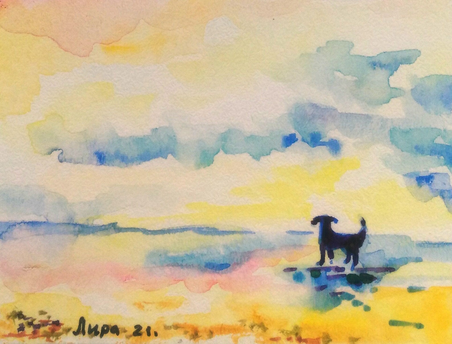 ACEO Dog Original Art Beach Landscape Painting Silhouette Etsy