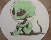 Alien Wood Burning 10inch Circle Birch Plywood Plaque
