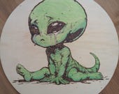 Crying Baby Alien Wood Burning 10inch Circle Birch Plywood Plaque