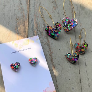 Handmade resin and glitter heart earrings, dangle or small studs.Gold plated hoops or hooks.Gift for her