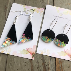 Handmade black & pastel confetti glitter dangle resin earrings, circles or triangles. Quirky, jewellery for her