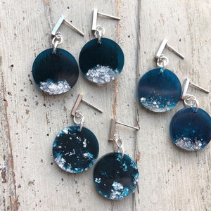 Handmade navy or teal circle dangle resin earrings with silver flakes or glitter, hypoallergenic rectangle studs, Bespoke jewellery