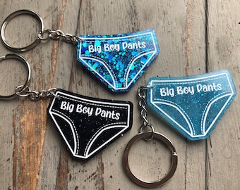 Porte-clés ou broche scintillant en résine « Big Boy Pants » fait main