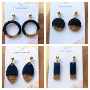 Handmade navy and golden glitter dangle earrings, on ball studs. Bespoke gift for her.