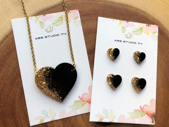 Handmade Black and Gold Resin Heart Necklace, With Glitter  