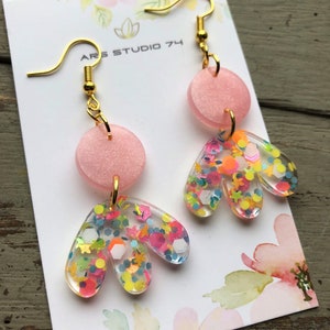 Handmade pastel glitter and pink dangle abstract resin earrings. Modern, spring, quirky jewellery, gift for her