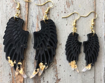 Handmade wings resin dangle earrings, black & gold leaf, bigger or small. Bespoke, statement, quirky, unique jewellery for her