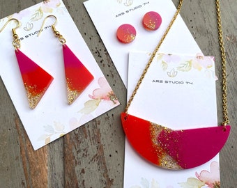 Handmade orange, fuchsia and gold glitter semi circle resin necklace with matching stud or triangle earrings. Quirky, summer, jewellery
