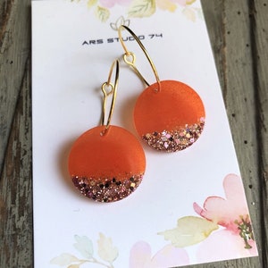 Handmade orange & gold  dangle resin earrings on gold plated hoops. Quirky, bespoke gift for women. Matching ring available