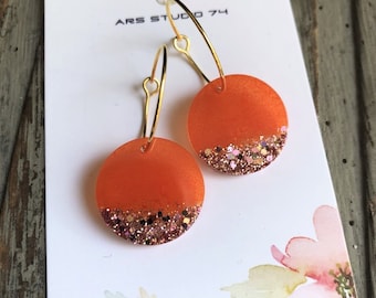 Handmade orange & gold  dangle resin earrings on gold plated hoops. Quirky, bespoke gift for women. Matching ring available