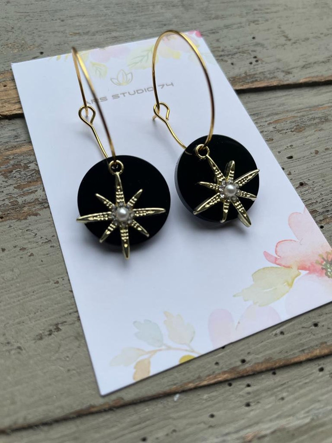 Handmade Black Resin Earrings With Golden North Star Charm. Etsy