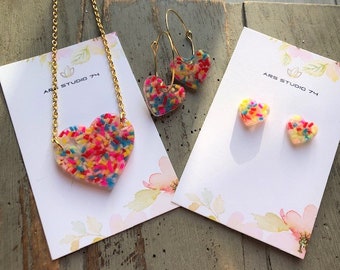 Handmade Resin Heart Necklace and Earring Set, Candy Sprinkles, Quirky Jewelry